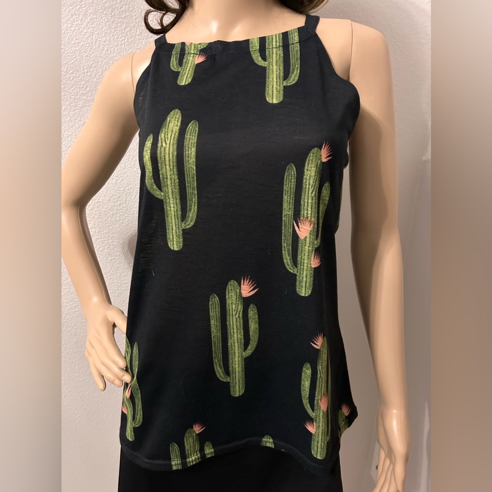 Cute Cactus Print Sleeveless Tank Top Size L